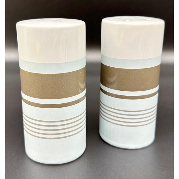 Nautica West End contemporary blue brown stripe pattern salt & pepper stoneware - Picture 1 of 6